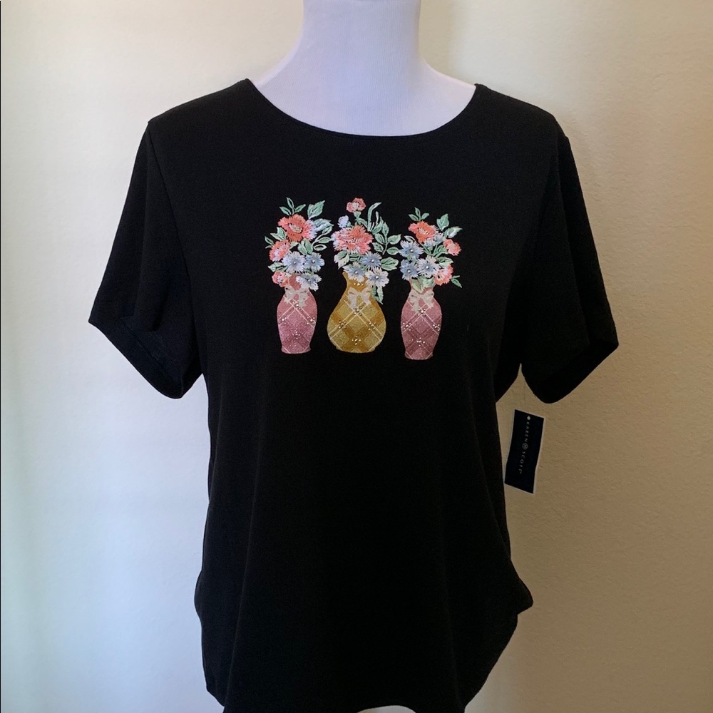 Karen Scott All Black Flower Vase Embroidered Top